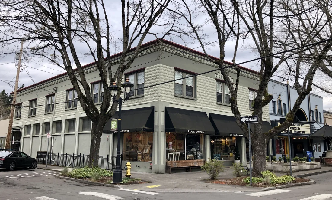 Farrell Building in downtown Camas, Washington, photographed March 26, 2020. Location context; Halloween activity is not pictured.