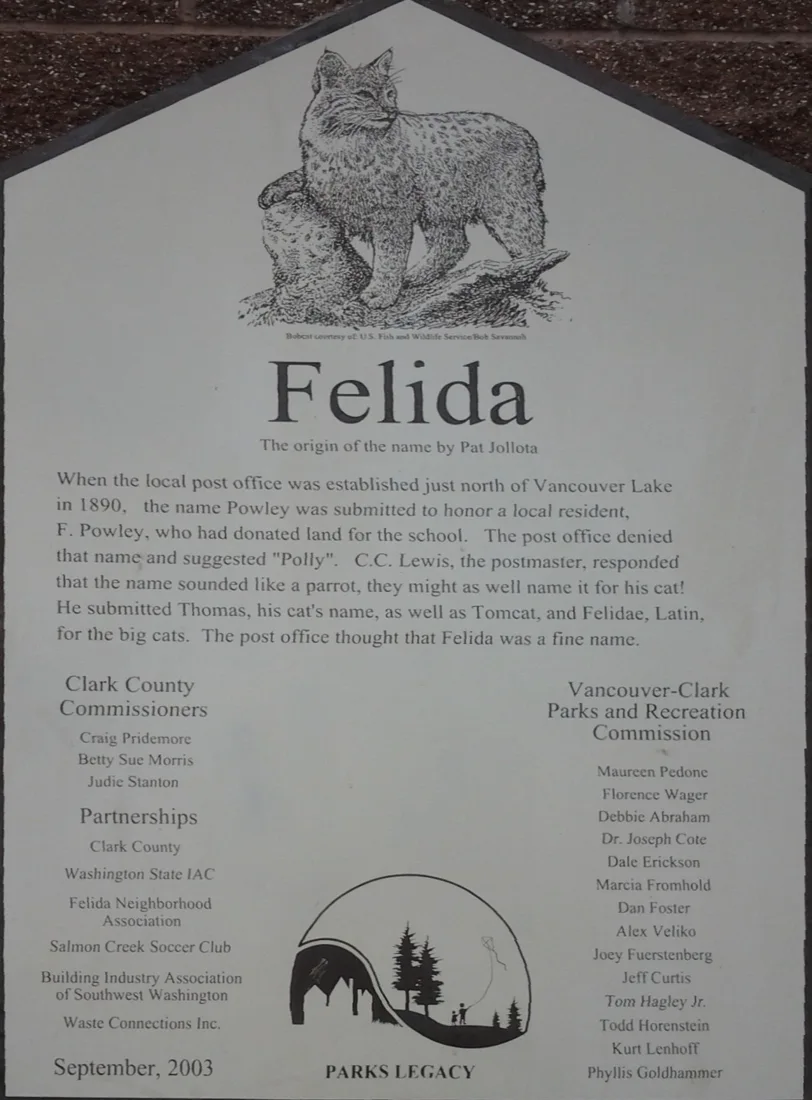 Felida history plaque in Felida Park, Clark County, Washington, photographed August 18, 2012. Location context; Halloween activity is not pictured.