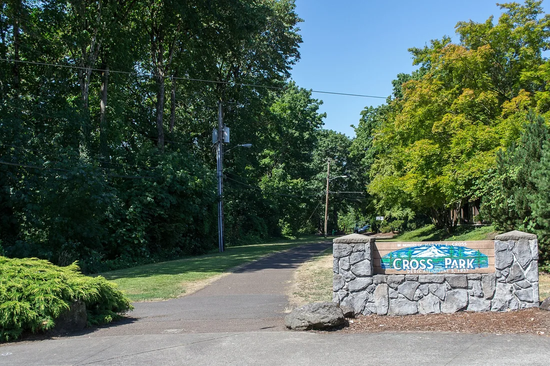 Cross Park entrance in Gladstone, Oregon, photographed July 8, 2013. Location context; Halloween activity is not pictured.