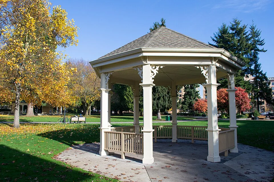 Gazebo in Esther Short Park, Vancouver, Washington, photographed November 13, 2013. Location context; Halloween activity is not pictured.