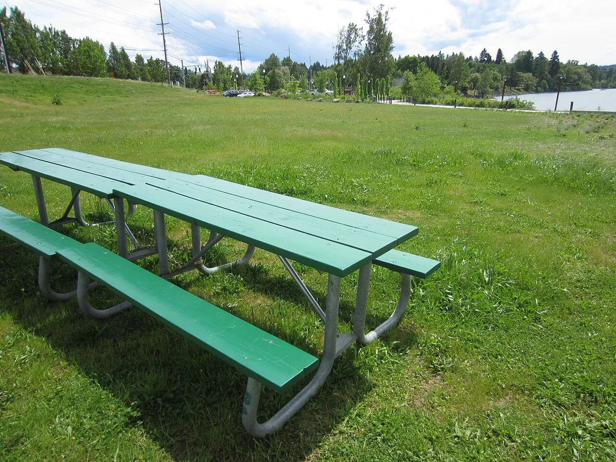 Picnic lawn and Willamette River at Milwaukie Riverfront Park, Milwaukie, May 2019 · Neighborhood landmark; Halloween participation not implied